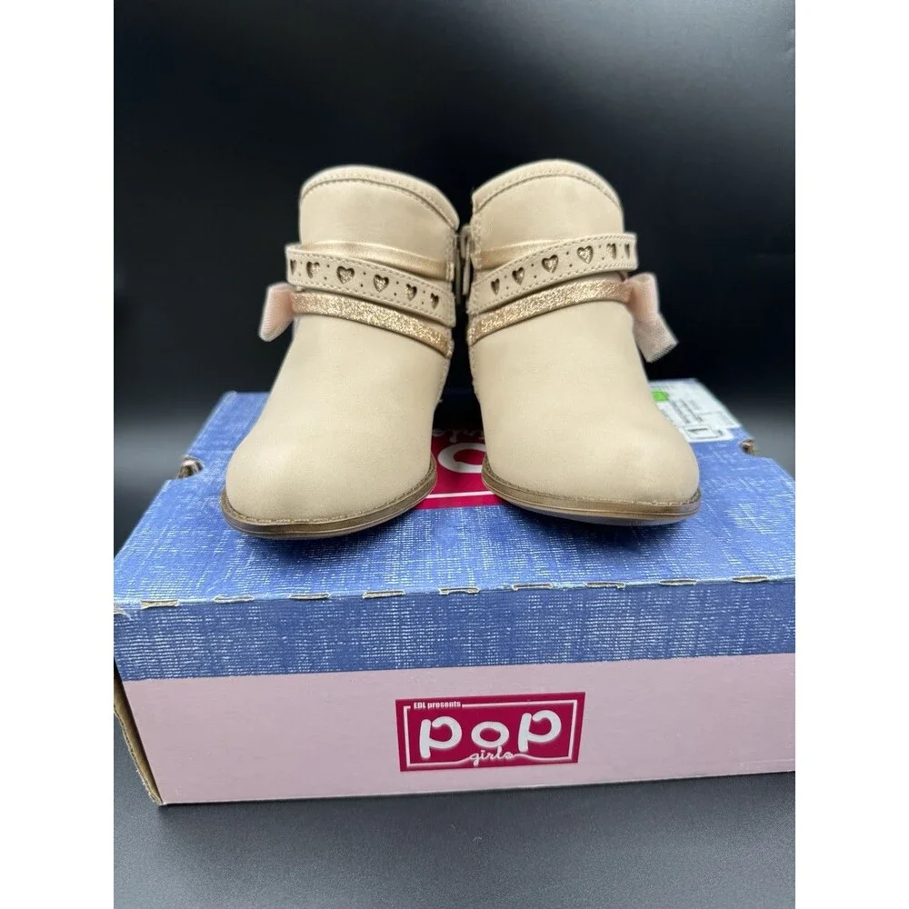 Pop Big Girls Lil Elisha Block Heel Tan Toddler Booties Size 8 M, New